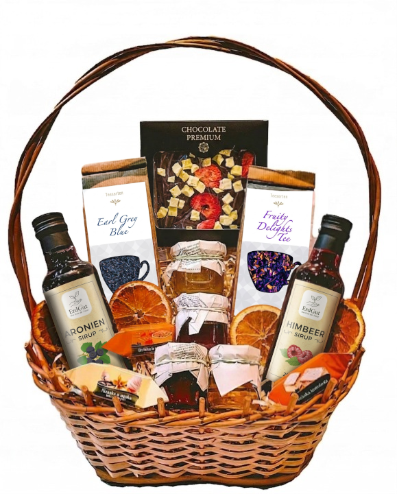 Geschenkkorb aus Weide: Geschenkset – Geschenk mit Honig, Leckereien, Tee, Schokolade