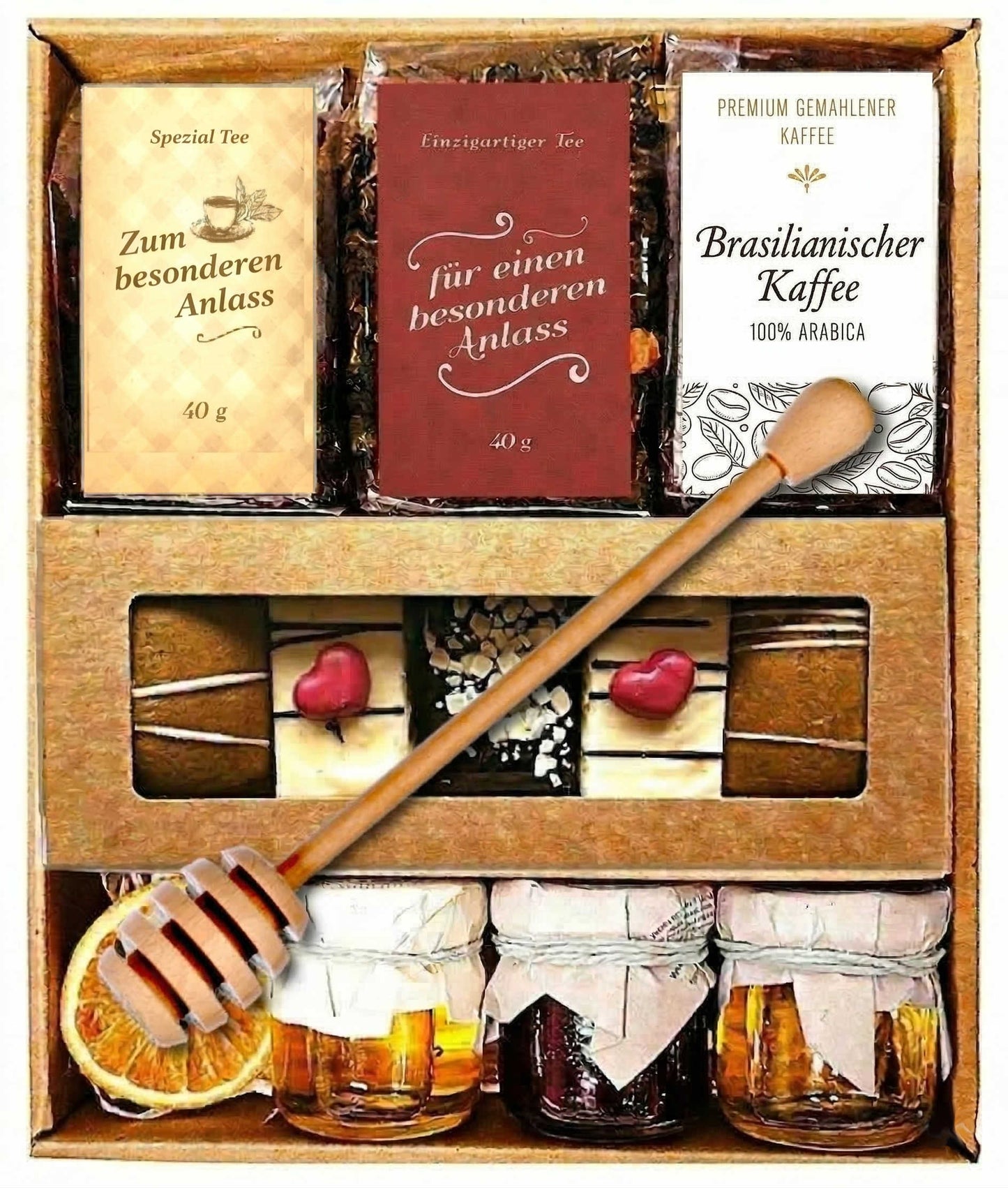 Tee-Geschenkset: 2 hochwertige Teesorten, Kaffee, Lebkuchen, Honig & Fruchtaufstrich