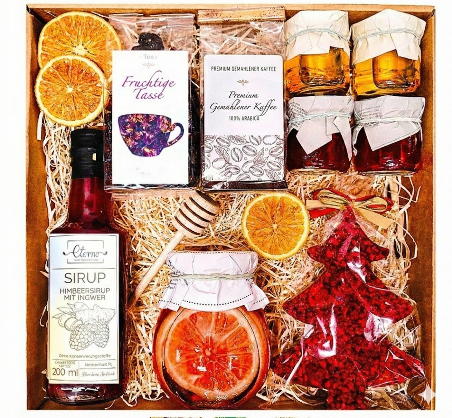 Geschenkkorb, Geschenk, Honig, Tee, Sirup, Weihnachtsbaum, Kaffee, für Weihnachten, Nikolaus