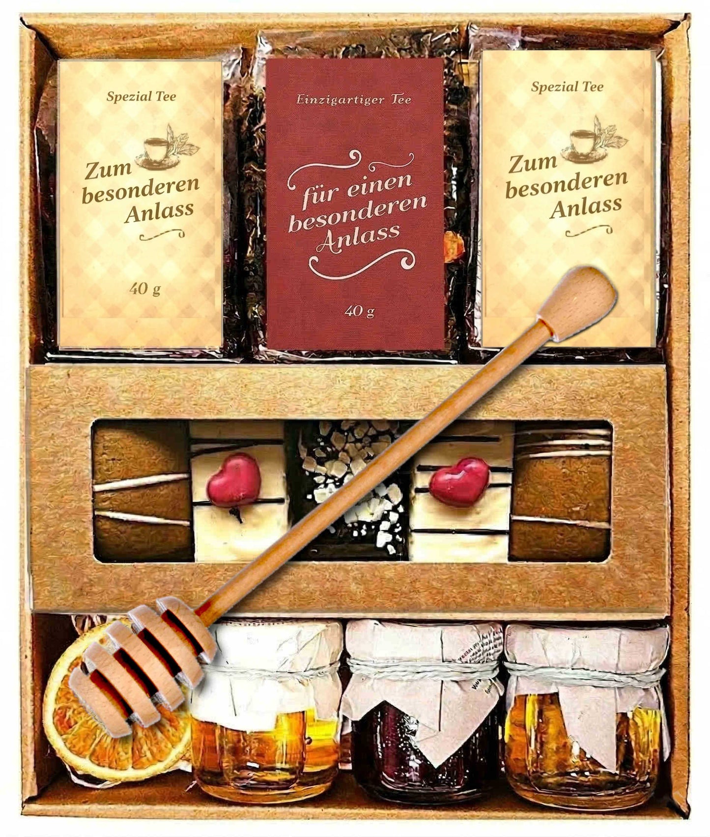 Tee-Geschenkset: 3 hochwertige Teesorten, Lebkuchen, Honig & Fruchtaufstrich