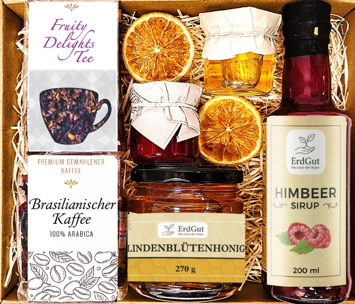 Geschenkkorb, Geschenk, Kaffee, Tee, Himbeersirup, zum Geburtstag