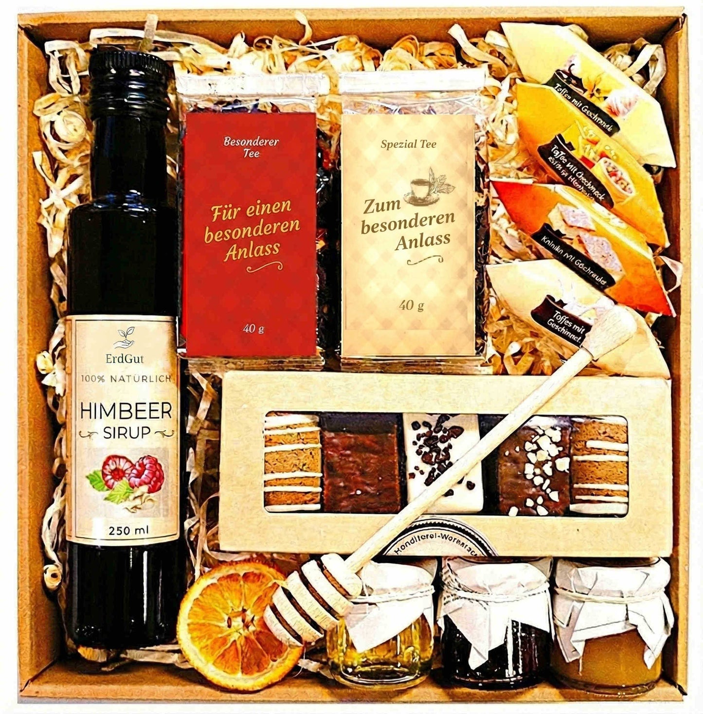 Geschenkkorb, Geschenk, Honig, Tee, Karamellbonbons, zu Weihnachten, zum Geburtstag.