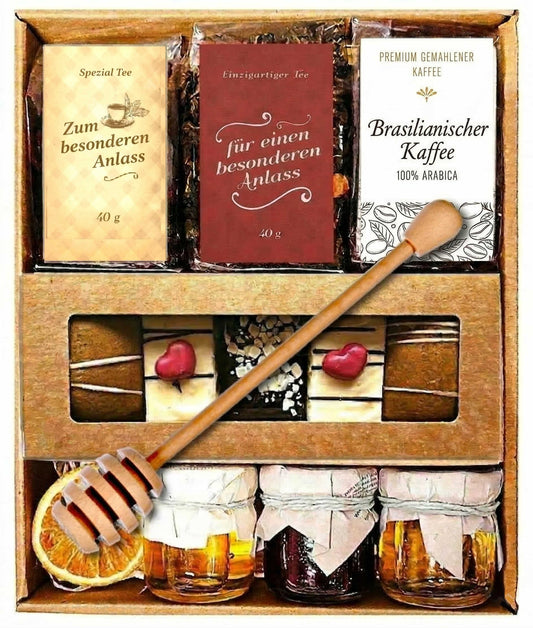 Tee-Geschenkset: 2 hochwertige Teesorten, Kaffee, Lebkuchen, Honig & Fruchtaufstrich