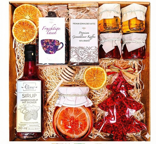 Geschenkkorb, Geschenk, Honig, Tee, Sirup, Weihnachtsbaum, Kaffee, für Weihnachten, Nikolaus