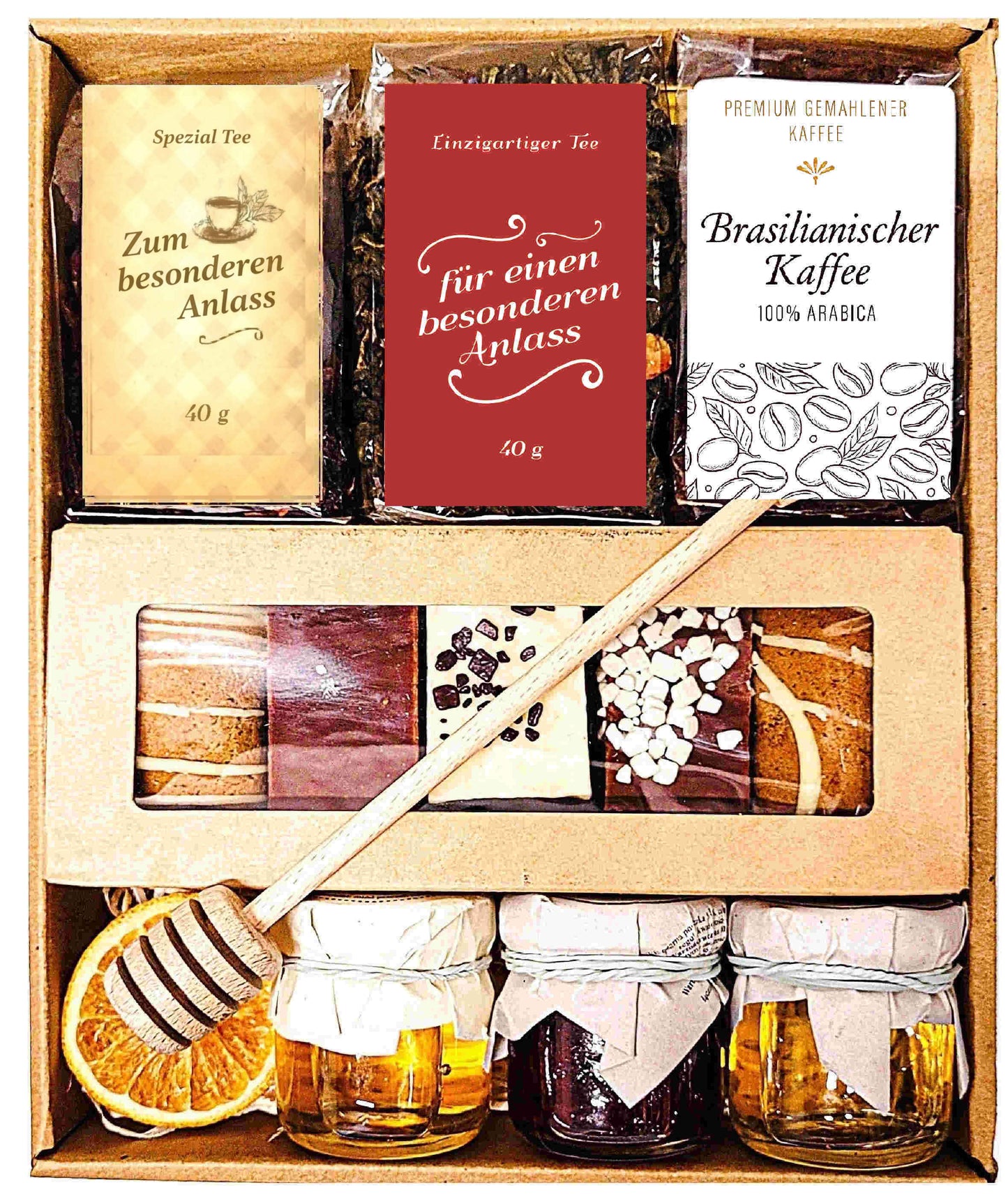 Geschenkkorb mit Tee, Honig und Lebkuchen