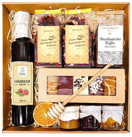 Geschenkkorb, Geschenk, Honig, Lebkuchen, Tee, Kaffee, Himbeersirup