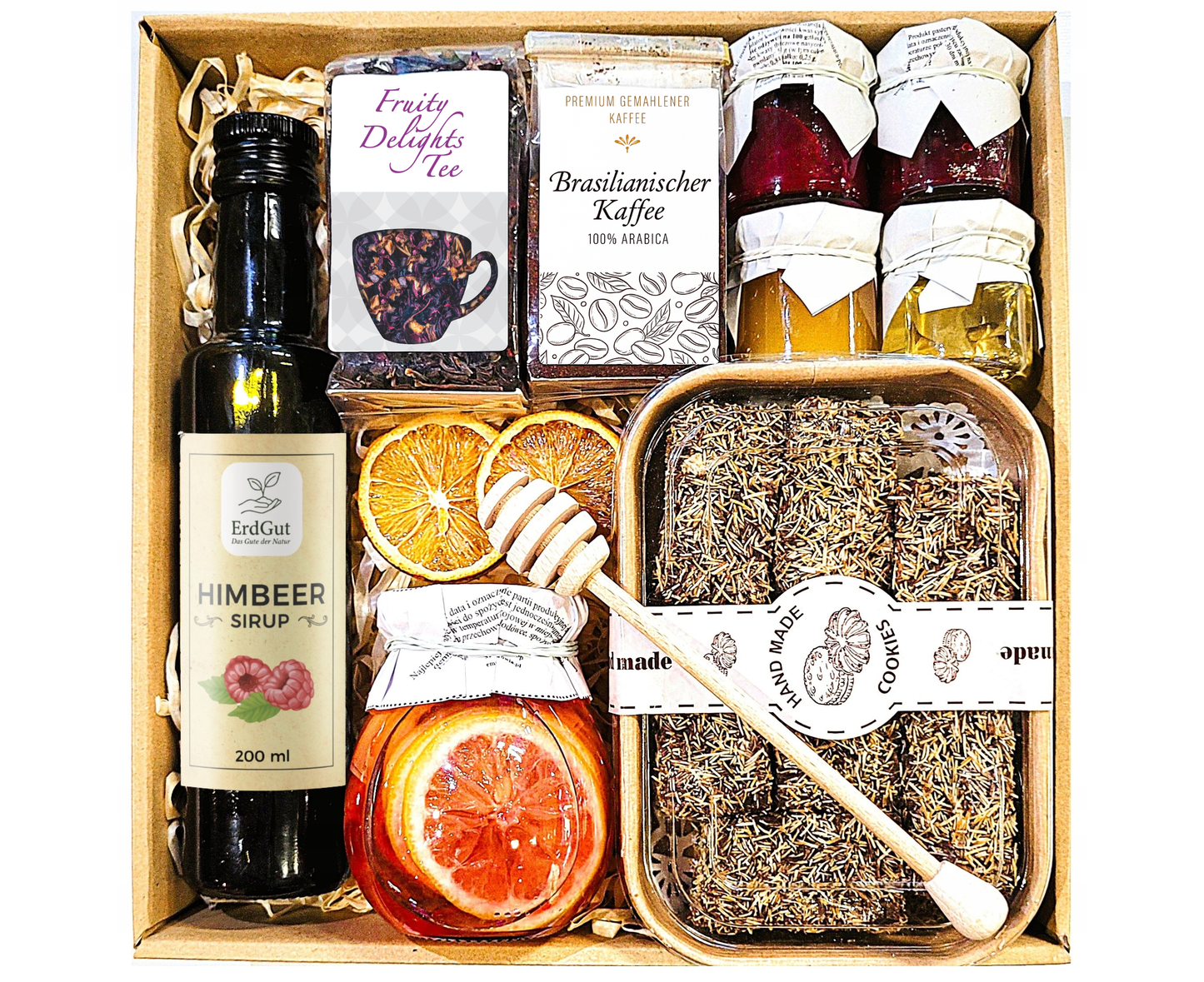 Geschenkkorb, Geschenk, Tee, Kaffee, Honig, Sirup, Kataifi, Himbeere
