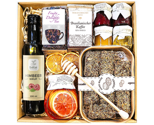Geschenkkorb, Geschenk, Tee, Kaffee, Honig, Sirup, Kataifi, Himbeere