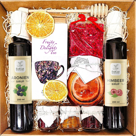 Geschenkkorb, Geschenk, Tee, Honig, Sirup, Himbeere, Schokolade