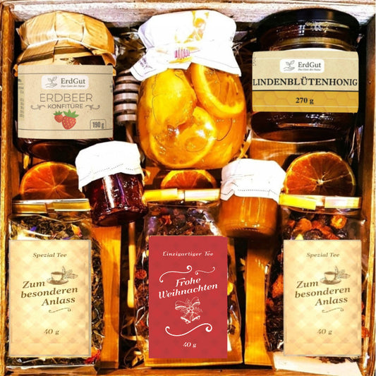 Geschenkkorb, Geschenk, Geburtstag, Konfitüre, Zitronen, Honig, Tee