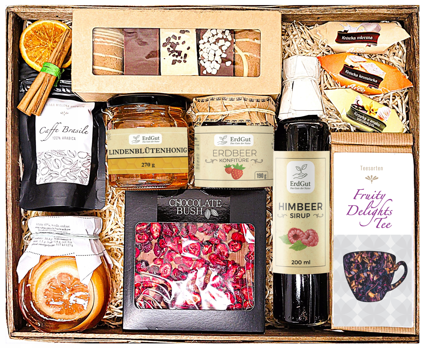 Großer Geschenkkorb, Geschenk, Mitbringtag, Honig, Schokolade, Tee, Kaffee.