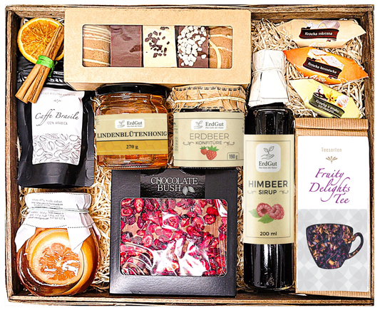 Großer Geschenkkorb, Geschenk, Mitbringtag, Honig, Schokolade, Tee, Kaffee.