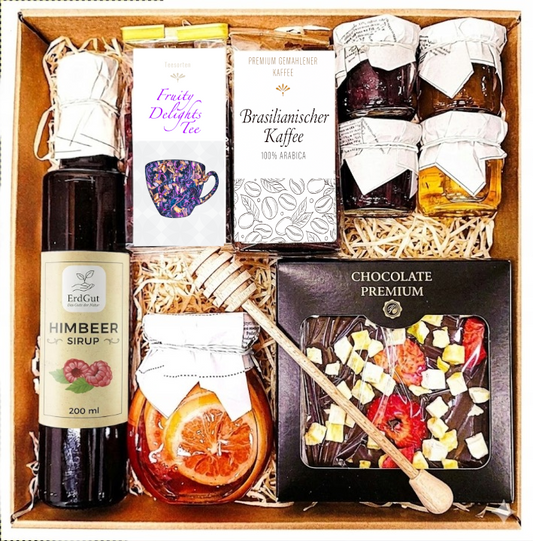 Geschenkkorb Geschenkset Präsent Tee Honig Schokolade Sirup Zitrone Kaffee
