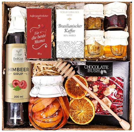 Geschenkset zum Muttertag Kaffee, Himbeersirup, Lindenblütenhonig