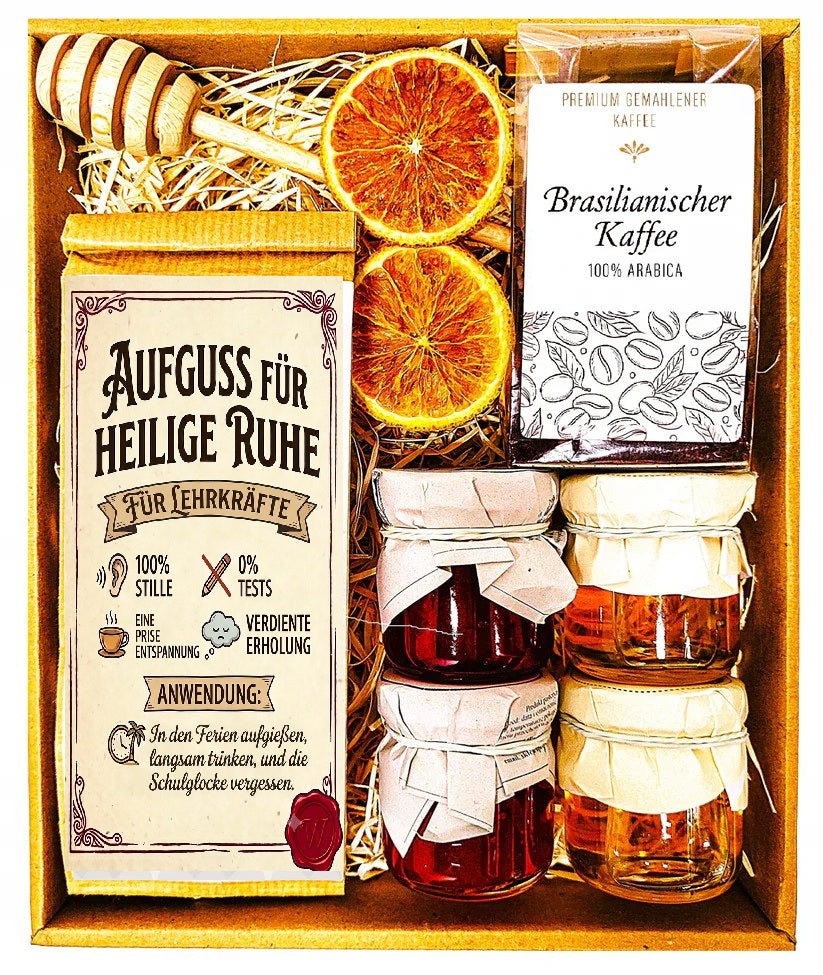 Geschenkkorb mit Tee, Kaffee, Honig und Marmelade