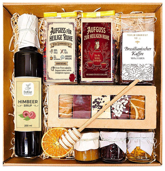 Geschenkkorb – Honig, Lebkuchen, Tee, Kaffee, Himbeersirup