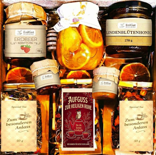 Geschenkkorb – Tee, Honig, Marmelade, Zitronen in Sirup