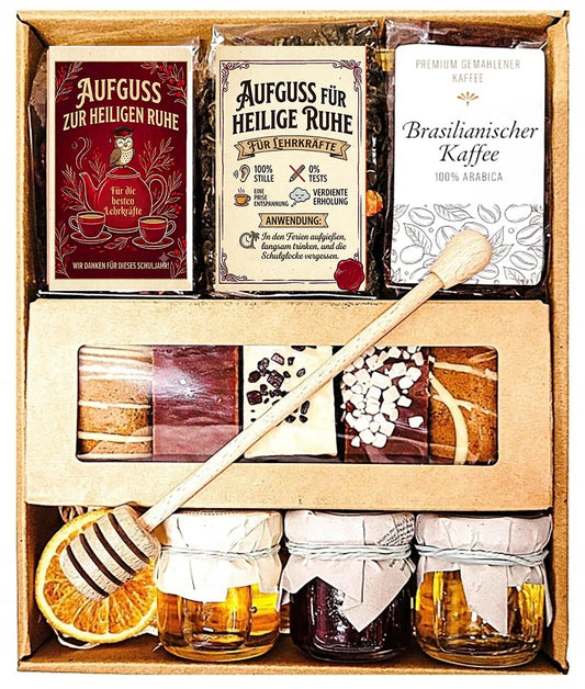 Geschenkkorb mit Tee, Kaffee, Honig und Lebkuchen