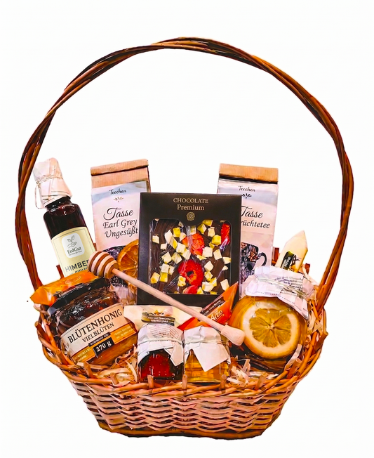 Mega Geschenkkorb – Honig, Leckereien, Tee, Schokolade, Sirup, Zitrone