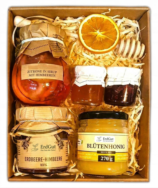 Geschenkkorb – Geschenkset mit Honig, Tee, Zitrone, Himbeere und Konfitüre