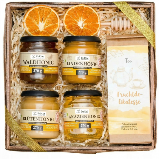 Geschenkset – Geschenkkorb mit Tee und Honig
