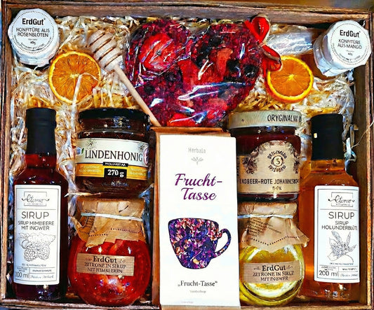 Geschenkkorb, Geschenk, Honig, Tee, Konfitüre, Schokolade, Sirup